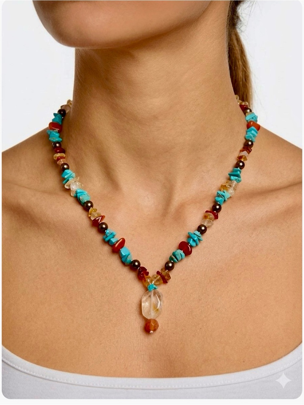 Handmade artesian  Southwestern Turquoise & Multicolor Beaded Pendant Necklace